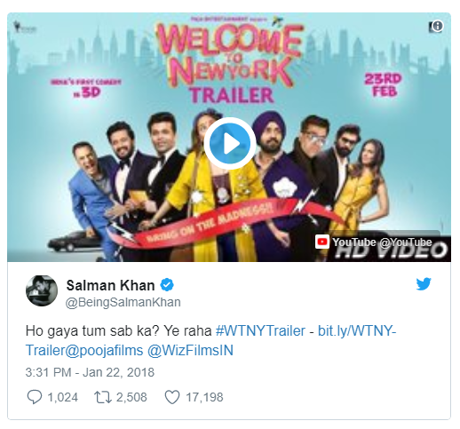 Salman Tweet On Welcome To New York