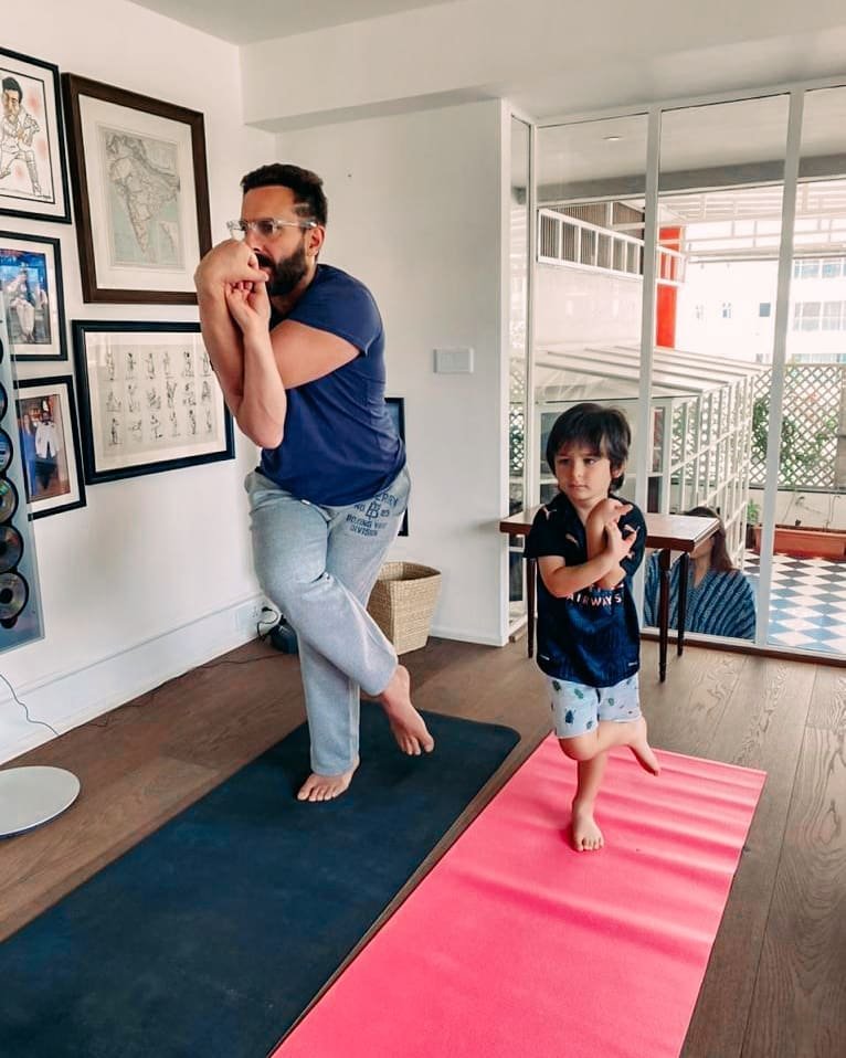 Saif and Taimur doing Yoga