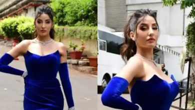 Nora Fatehi looks vintage queen in her latest velvet blue bodycon