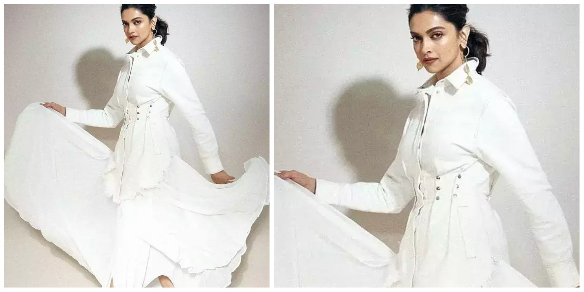 Deepika Padukone in long white shirt paired with a skirt